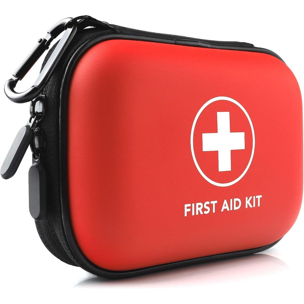 Thriaid Mini First Aid Kit 100 pieces front view red hard shell case for emergency travel