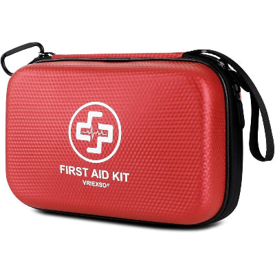 Vriexsd Premium First Aid Kit red waterproof case front view for emergency preparedness.