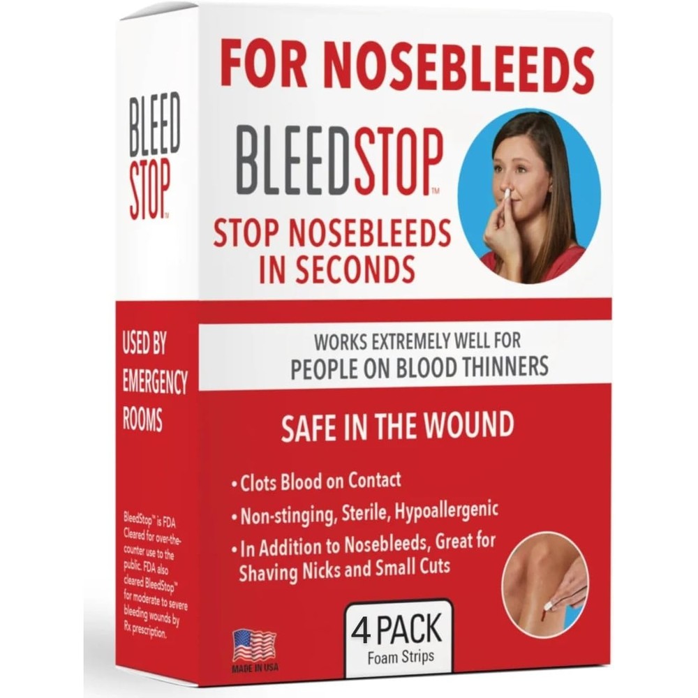 BleedStop Nosebleed Strips front packaging showing 4 count pack