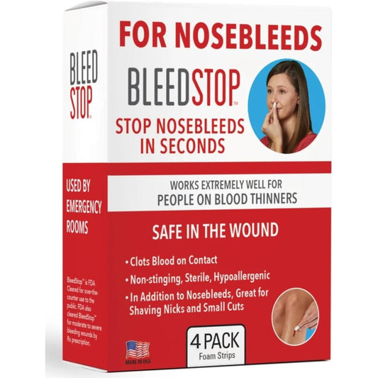 BleedStop Nosebleed Strips front packaging showing 4 count pack