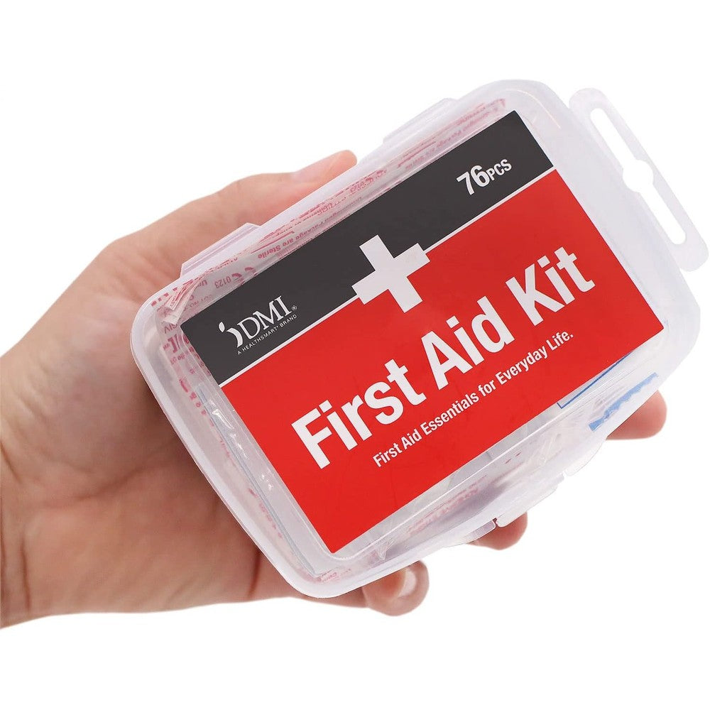 DMI 76-Piece First-Aid Kit front view showing water-resistant white case.