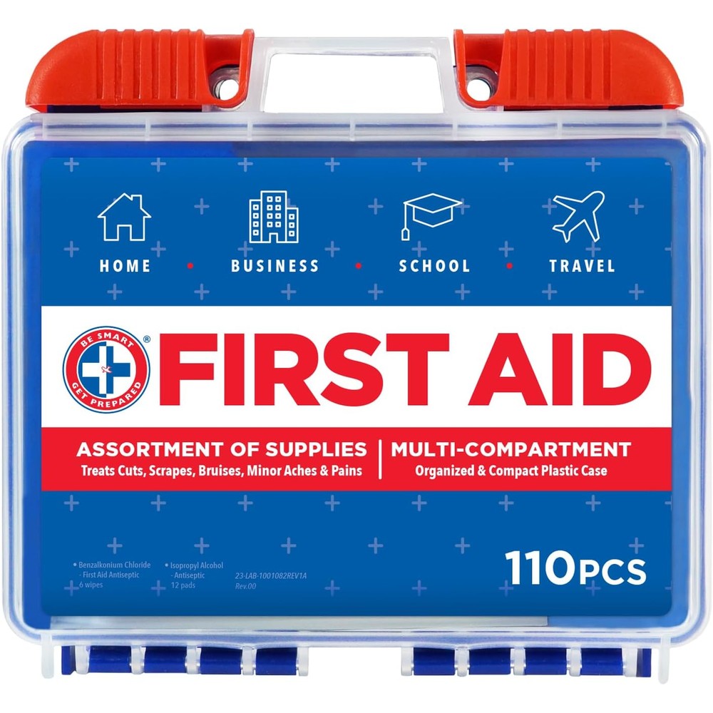 Be Smart Get Prepared 110 Piece First Aid Kit front view in blue plastic case