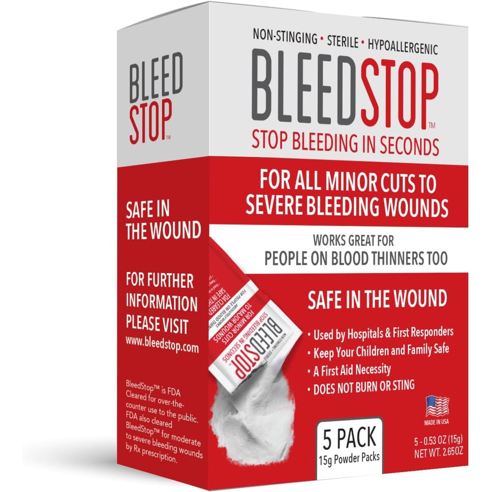 BleedStop First Aid Powder 5 pack front view for emergency blood clotting