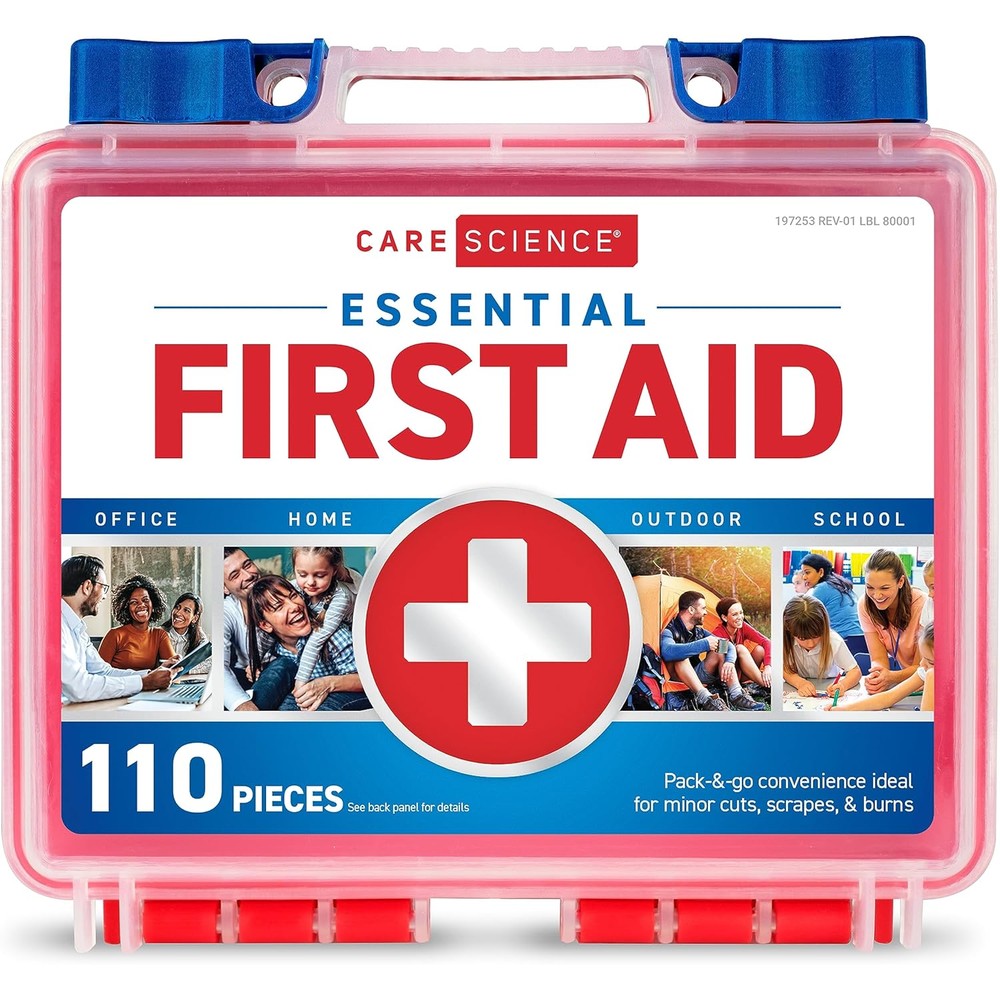 Care Science First Aid Kit 110 Pieces front view of red hard case
