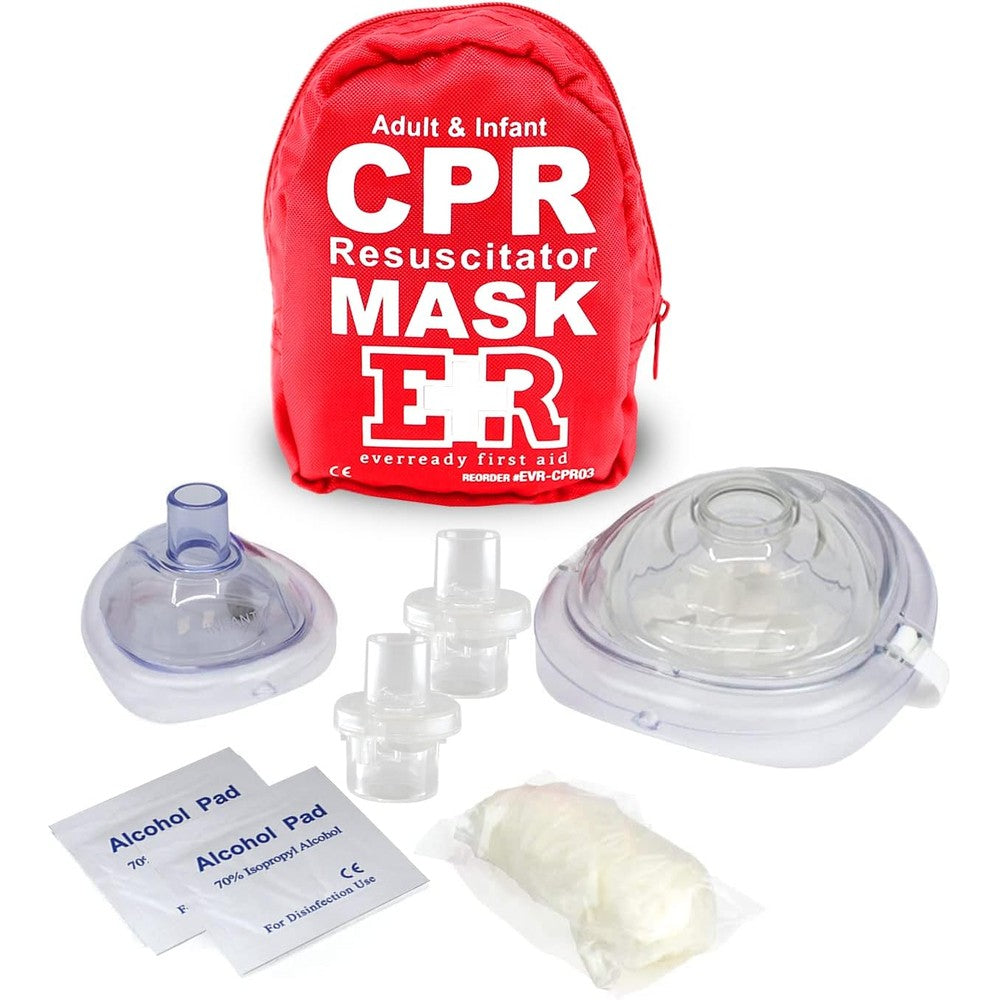 Ever Ready First Aid Adult and Infant CPR Mask Kit front view in red case.