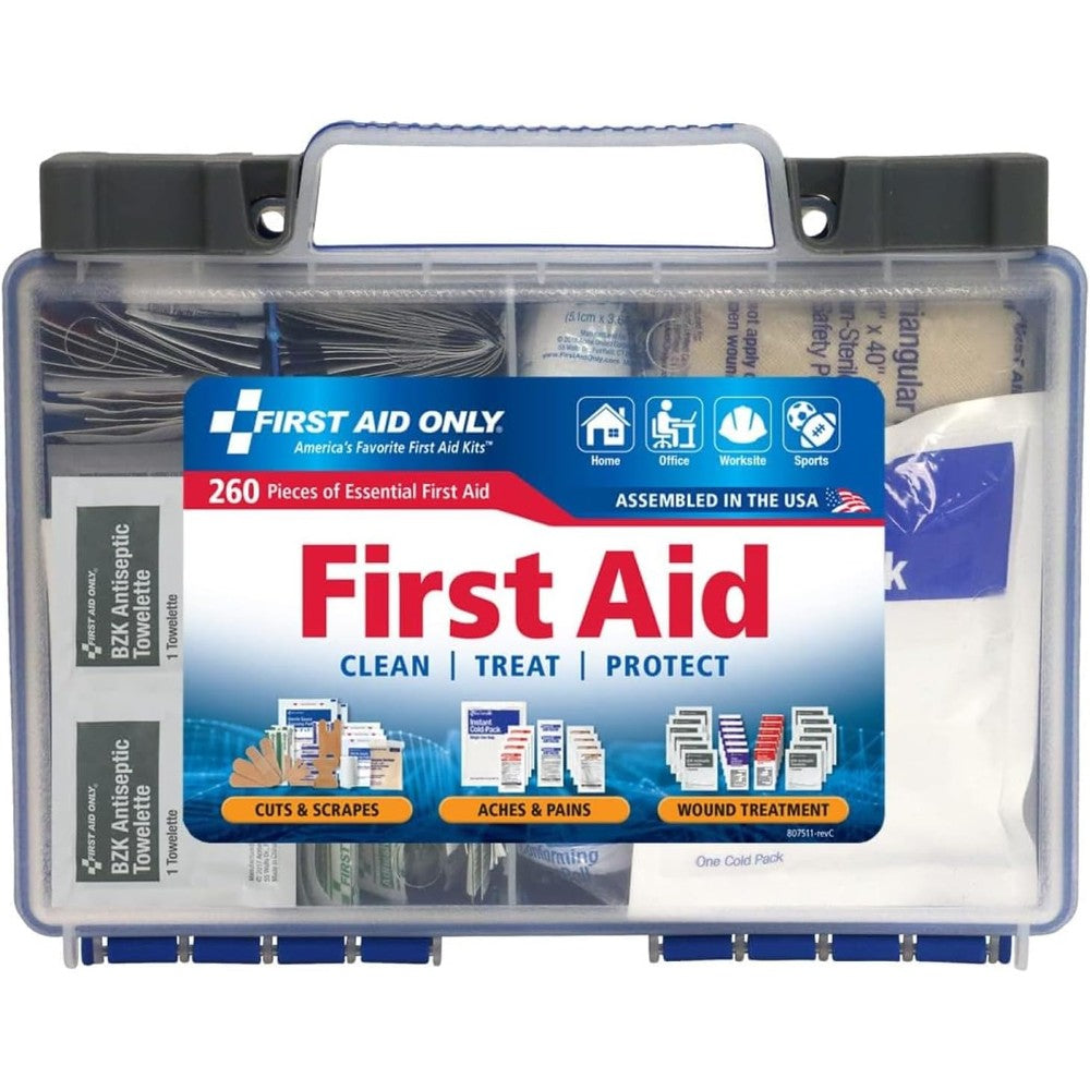 First Aid Only 91248 OSHA-Compliant First Aid Kit front view of clear plastic case