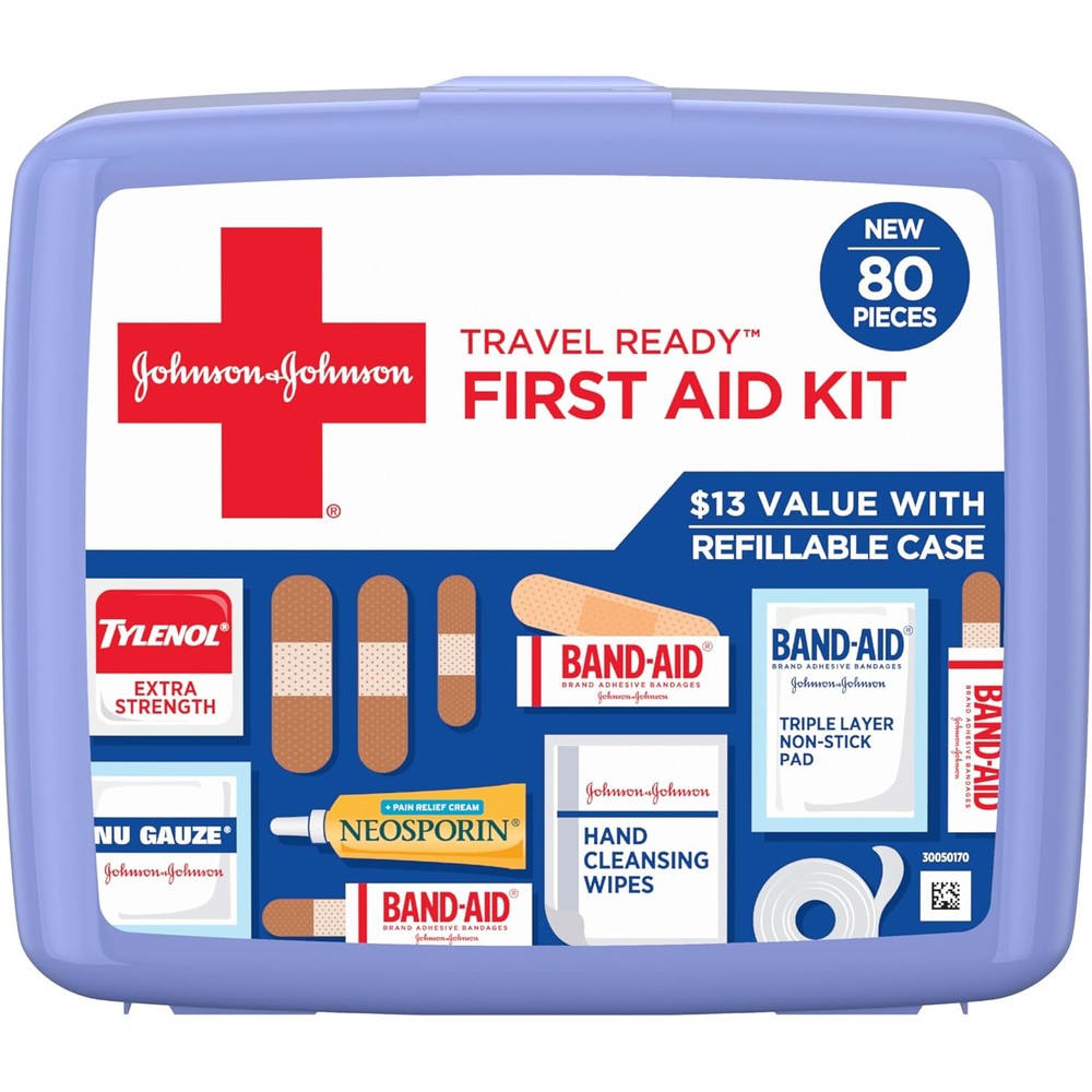 Johnson & Johnson Band-Aid Travel Ready First Aid Kit front view in plastic case.
