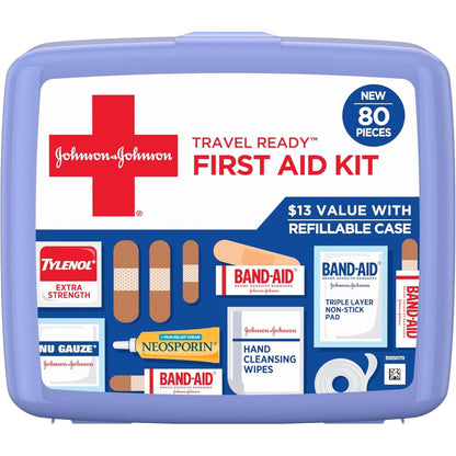 Johnson & Johnson Band-Aid Travel Ready First Aid Kit front view in plastic case.