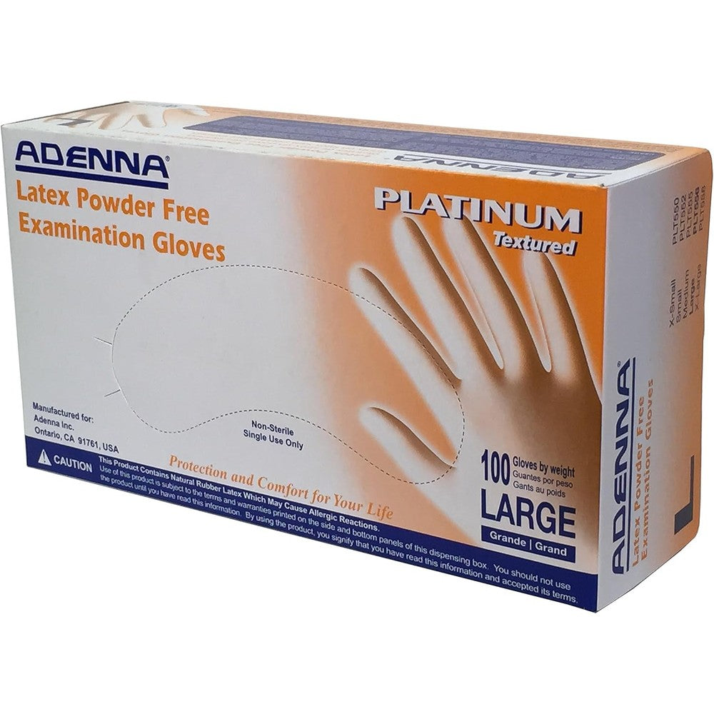 Adenna Platinum Latex Exam Gloves front box view 100 count