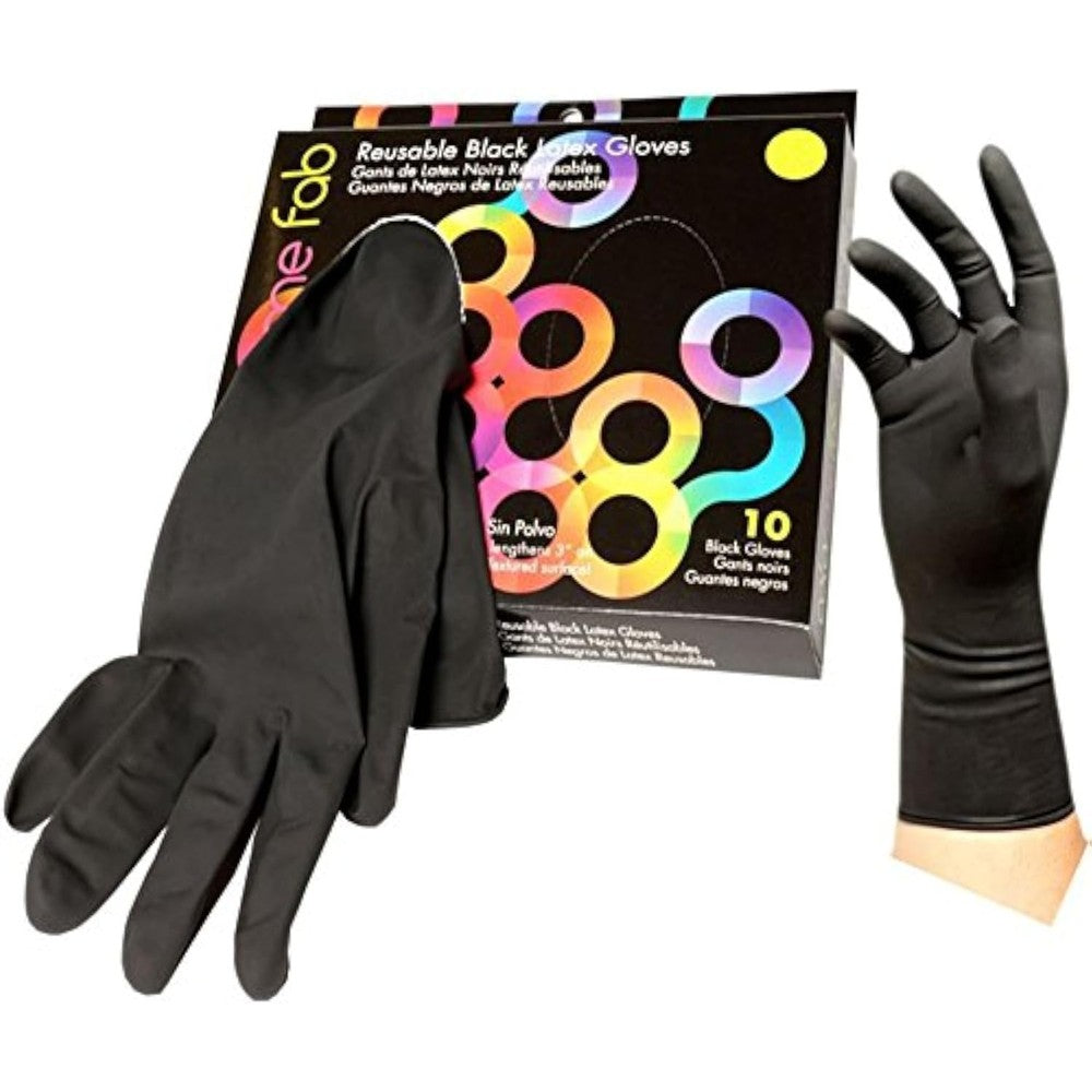 Foil It Color Me Fab Reusable Black Latex Gloves box front view professional salon hair coloring accessories.