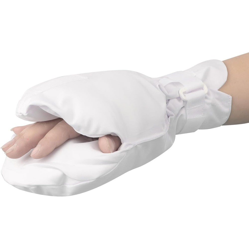 Clobeau Elderly Double Security Mitts front view showing padded white fabric for patient safety.