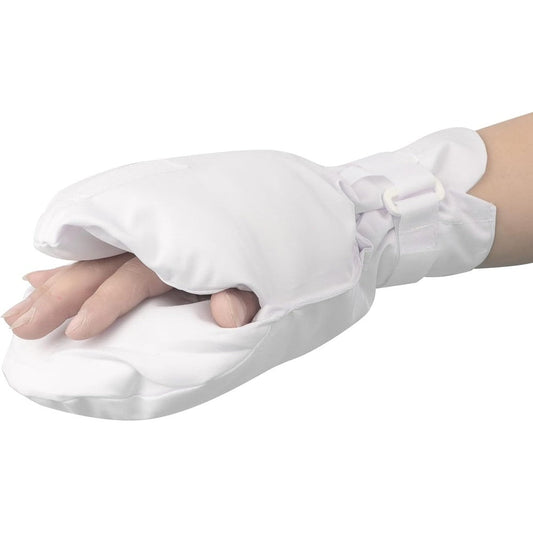 Clobeau Elderly Double Security Mitts front view showing padded white fabric for patient safety.
