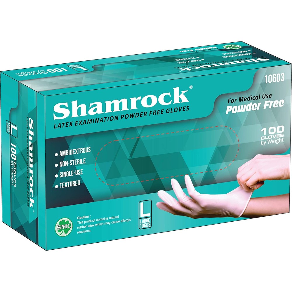 Shamrock 10600 latex examination gloves box front view medical grade