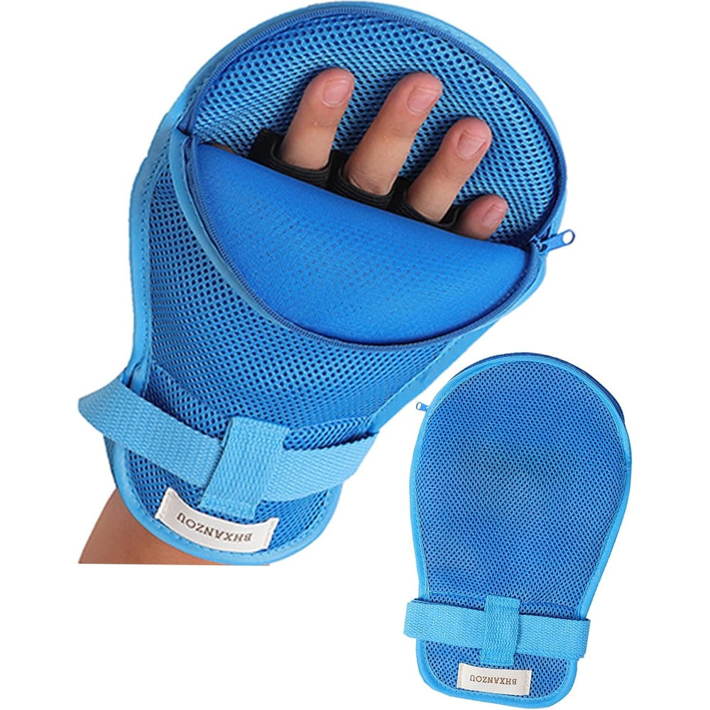 BHXANZOU anti-scratch elderly restraint gloves front view showing blue mesh fabric.