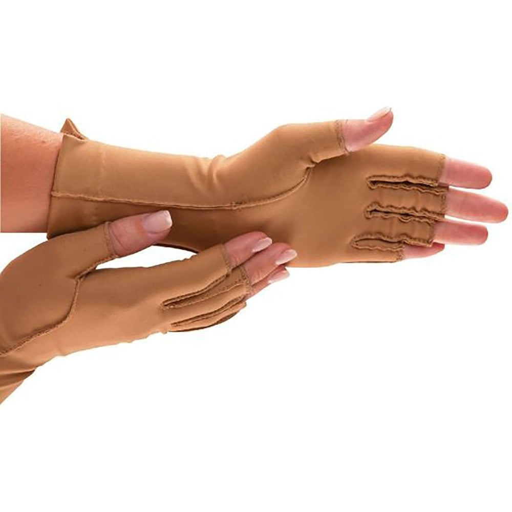 Isotoner Therapeutic Open Finger Compression Gloves front view for arthritis relief.
