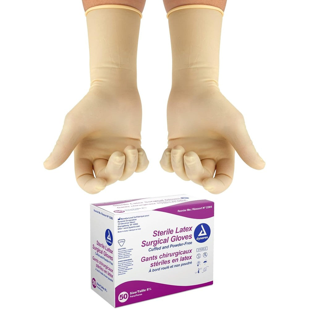 Dynarex Sterile Disposable Latex Surgical Gloves front view showing the 50 pair box packaging.