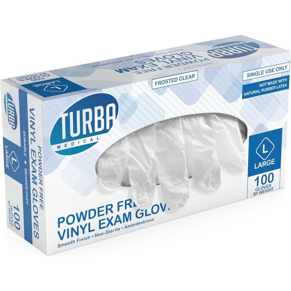 Turba Medical Clear Vinyl Disposable Gloves 100 Count front view box.