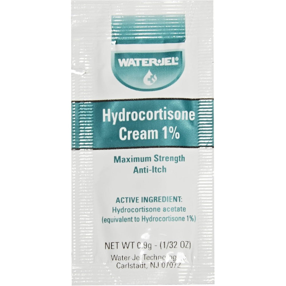 Water-Jel Hydrocortisone Cream 144 count box showing individual anti-itch packets for first aid.