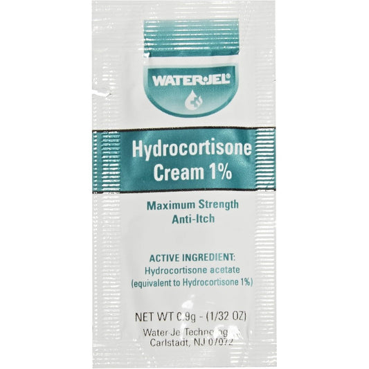 Water-Jel Hydrocortisone Cream 144 count box showing individual anti-itch packets for first aid.