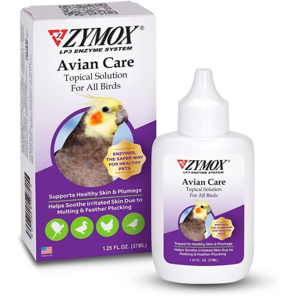Zymox Avian Care Topical Solution 1.25 ounce bottle front view for bird skin health.