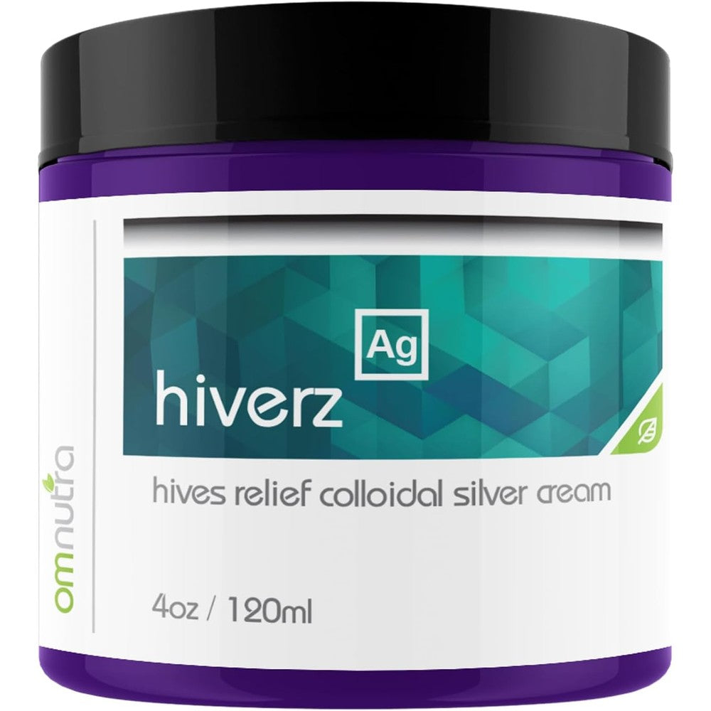 OmNutra Hiverz Hives Relief Cream 4 ounce jar front view for urticaria treatment.