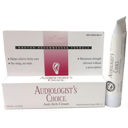 Audiologist's Choice Anti-Itch Cream one ounce tube front view for itchy ear relief.
