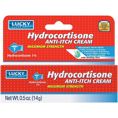Lucky Super Soft Hydrocortisone Anti Itch Creme front view 0.5 ounce tube for rash relief.