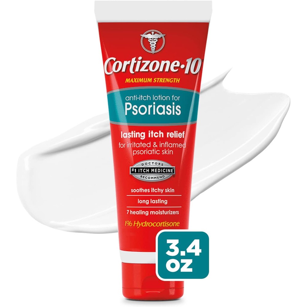 Cortizone 10 Maximum Strength Anti Itch Lotion for Psoriasis front bottle view.