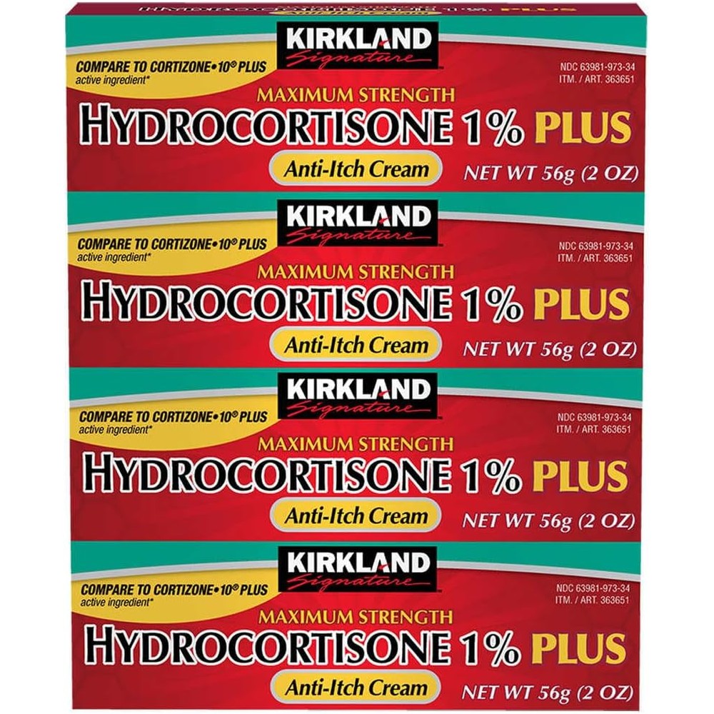 Kirkland Signature Maximum Strength Hydrocortisone Cream 4 pack front view for itch relief.