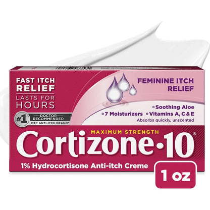 Cortizone 10 Maximum Strength Feminine Itch Cream front view for fast relief.