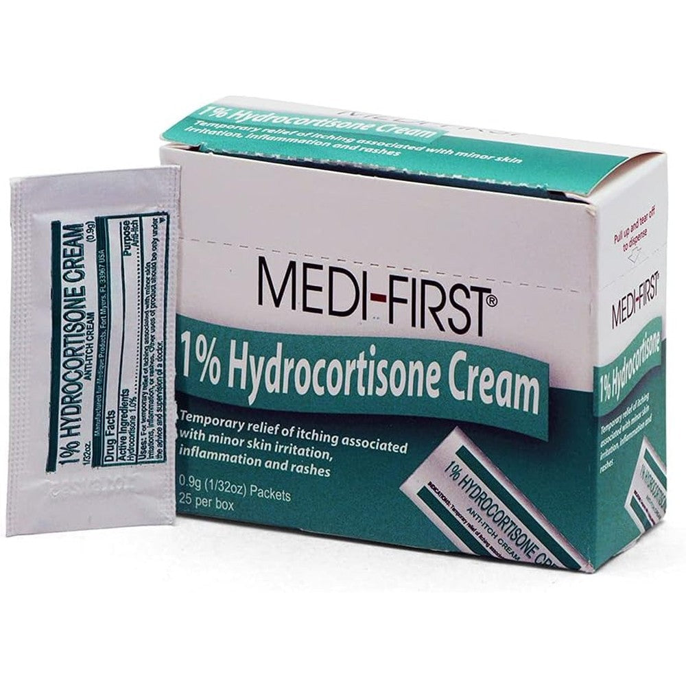 Medique 21173 Hydrocortisone Anti-Itch Cream 25 pack box front view for first aid kits.