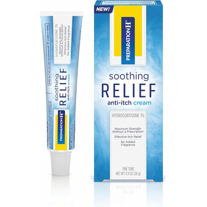 Preparation H Soothing Relief Anti Itch Cream 0.9 Ounce Tube front view for hemorrhoid itch relief.