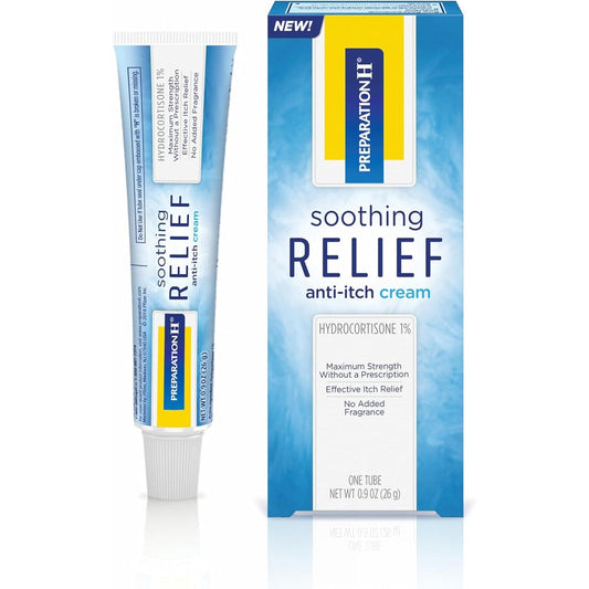 Preparation H Soothing Relief Anti Itch Cream 0.9 Ounce Tube front view for hemorrhoid itch relief.