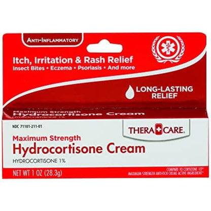 Thera Care Hydrocortisone Cream front packaging for maximum strength itch relief.