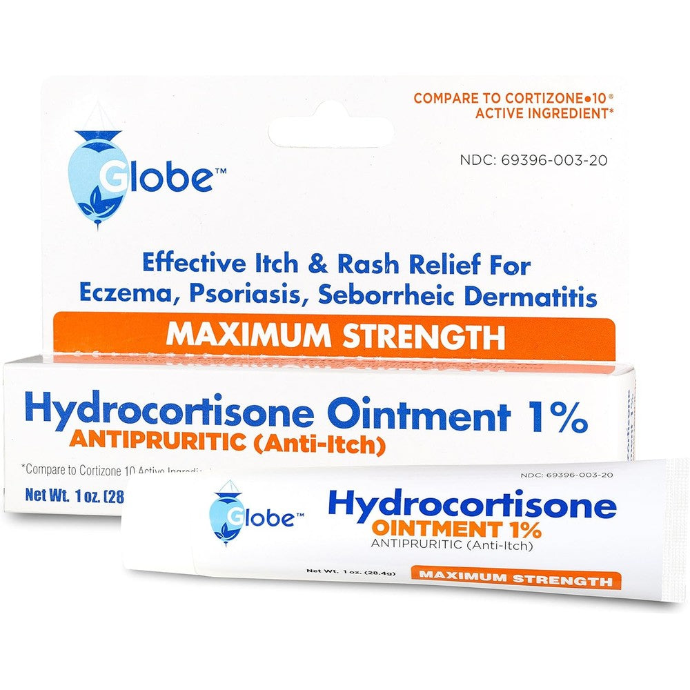 Globe Pharmacy Hydrocortisone Ointment 1 Ounce front view for anti-itch relief.