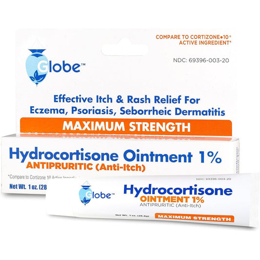 Globe Pharmacy Hydrocortisone Ointment 1 Ounce front view for anti-itch relief.