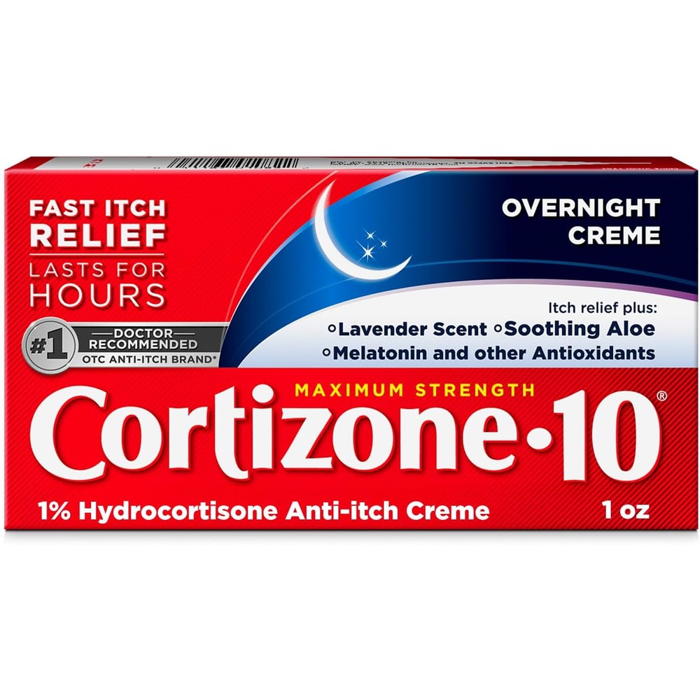 Cortizone-10 Maximum Strength Overnight Itch Relief Cream front tube view for eczema relief.