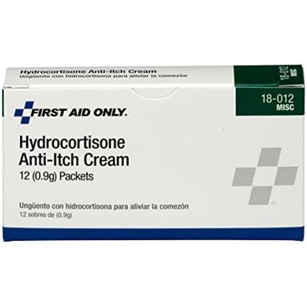 First Aid Only 18-012 Hydrocortisone Cream Packets 12 count box front view for itch relief