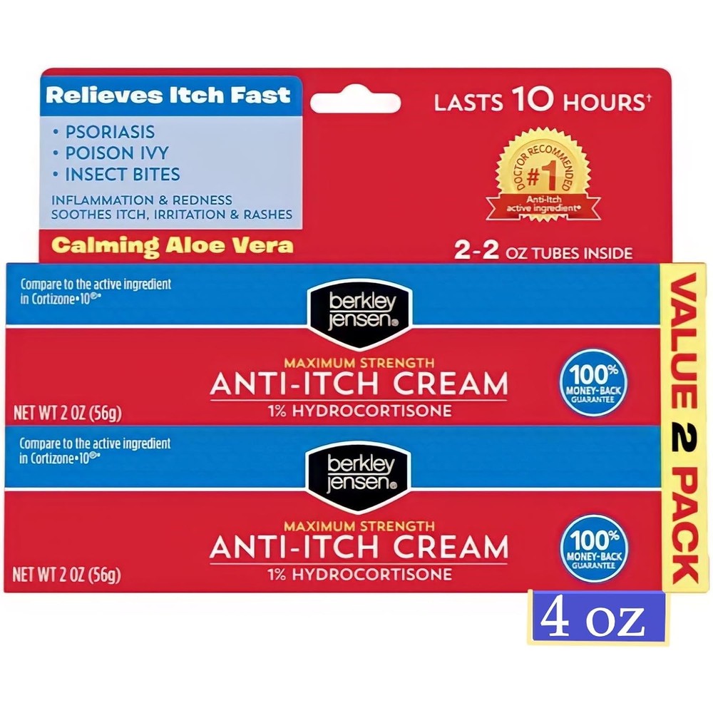 Berkley Jensen Maximum Strength Anti Itch Cream pack of two front view for eczema relief.
