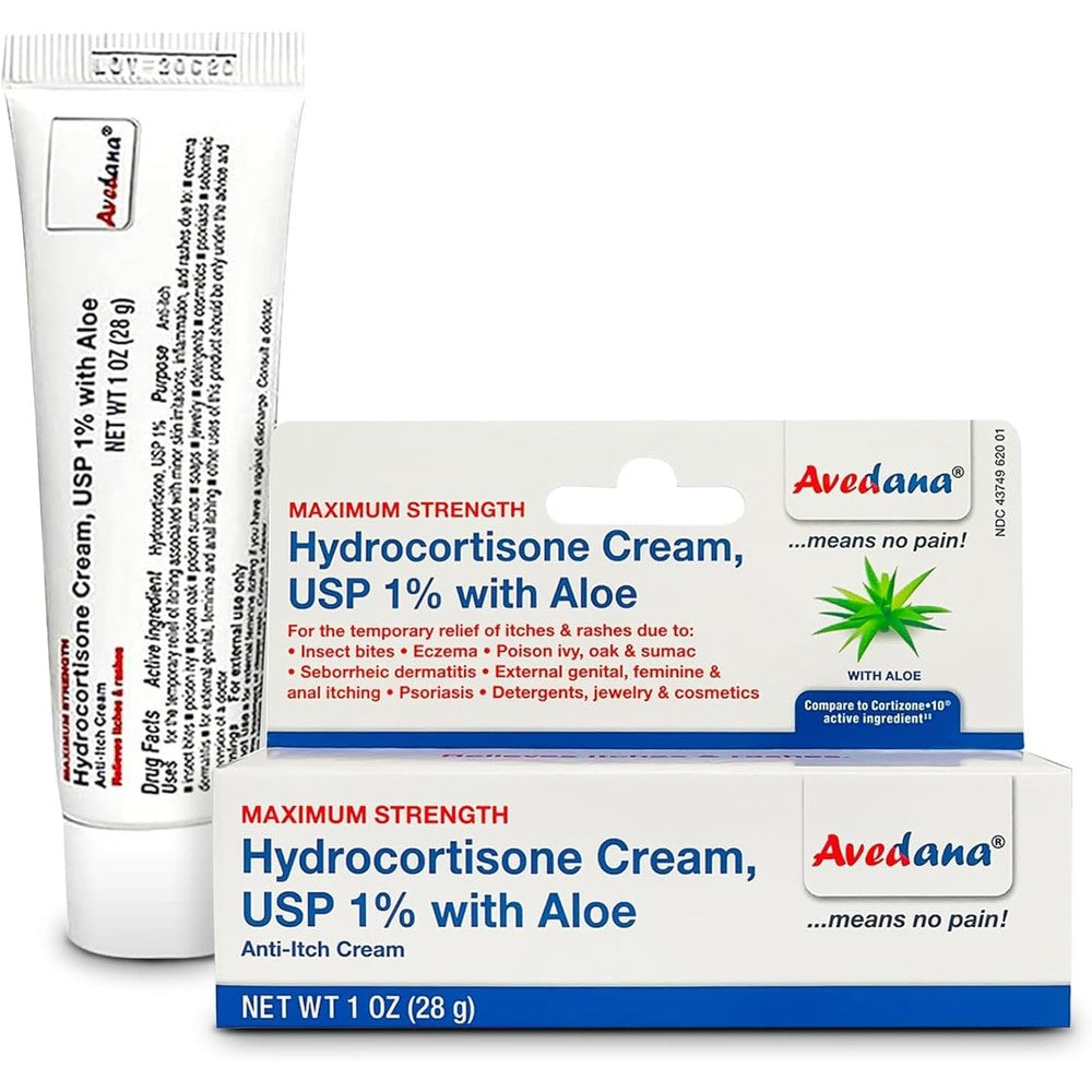 AVEDANA Hydrocortisone Cream 1 Ounce tube front view for eczema relief.