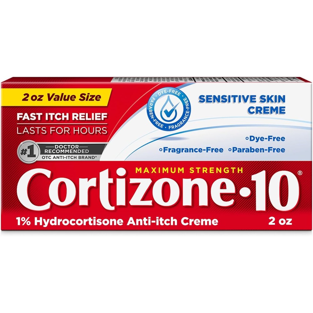 Cortizone 10 Maximum Strength Sensitive Skin Anti Itch Cream 2 Ounce front packaging view.