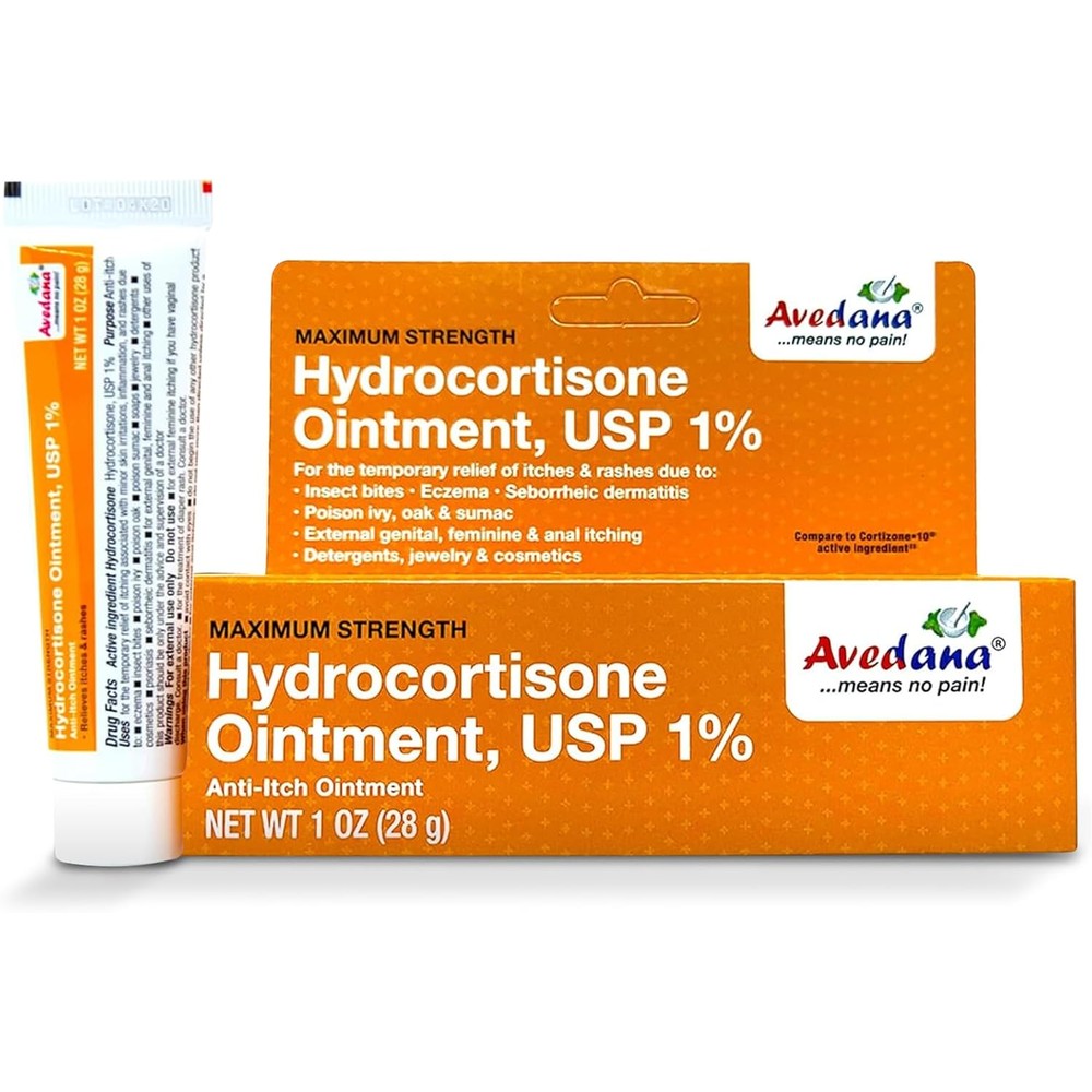 AVEDANA Hydrocortisone Ointment 1 percent USP front view for eczema relief.