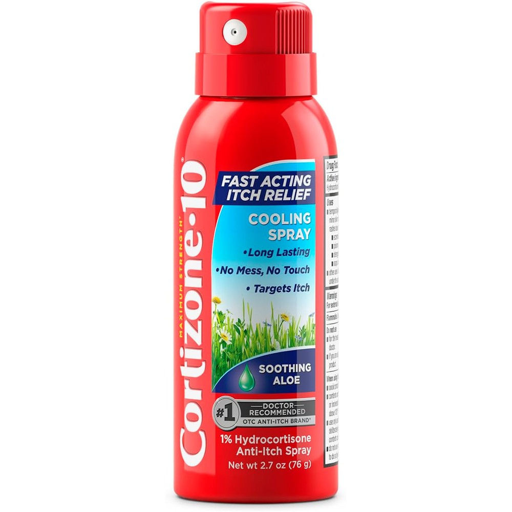 Cortizone 10 Maximum Strength Soothing Aloe Itch Relief Cooling Spray front view for bug bite relief.