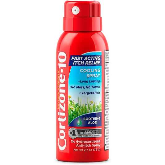 Cortizone 10 Maximum Strength Soothing Aloe Itch Relief Cooling Spray front view for bug bite relief.