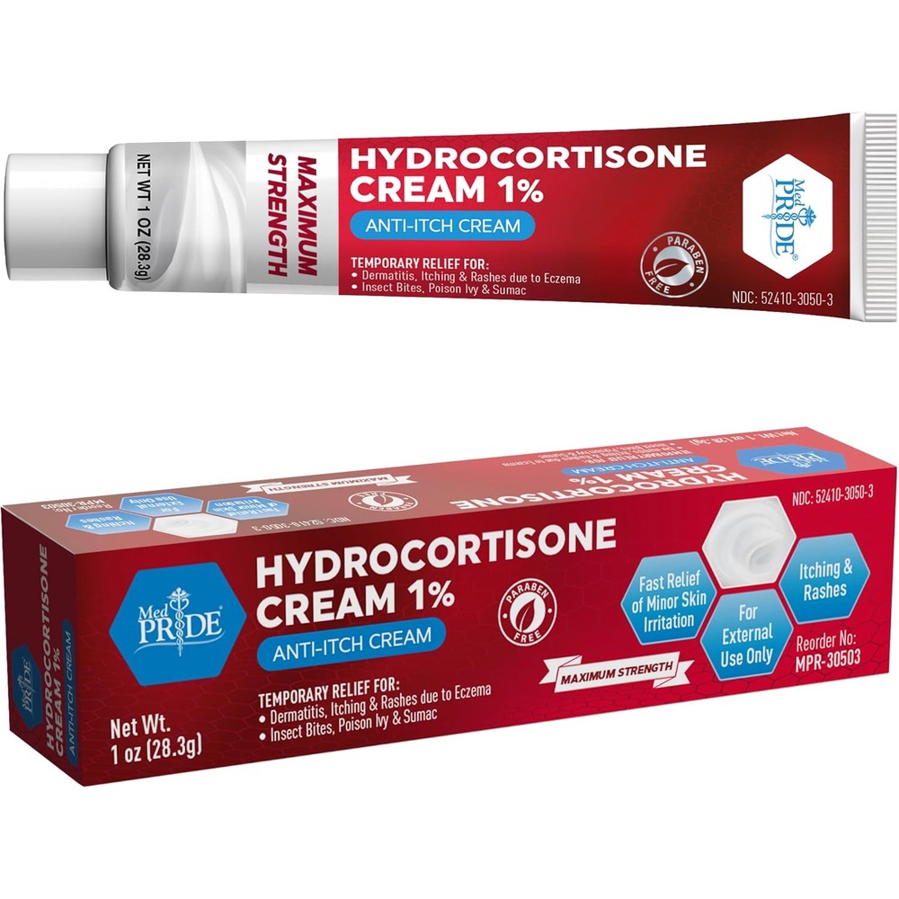 MED Pride Hydrocortisone Cream 1% front view packaging for itch relief.