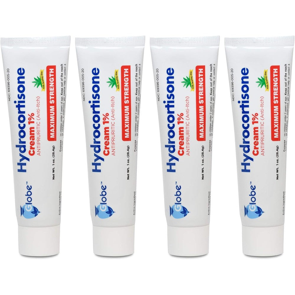 Globe Hydrocortisone Maximum Strength Anti-Itch Cream front view 4 pack for rash relief.