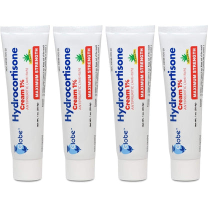 Globe Hydrocortisone Maximum Strength Anti-Itch Cream front view 4 pack for rash relief.