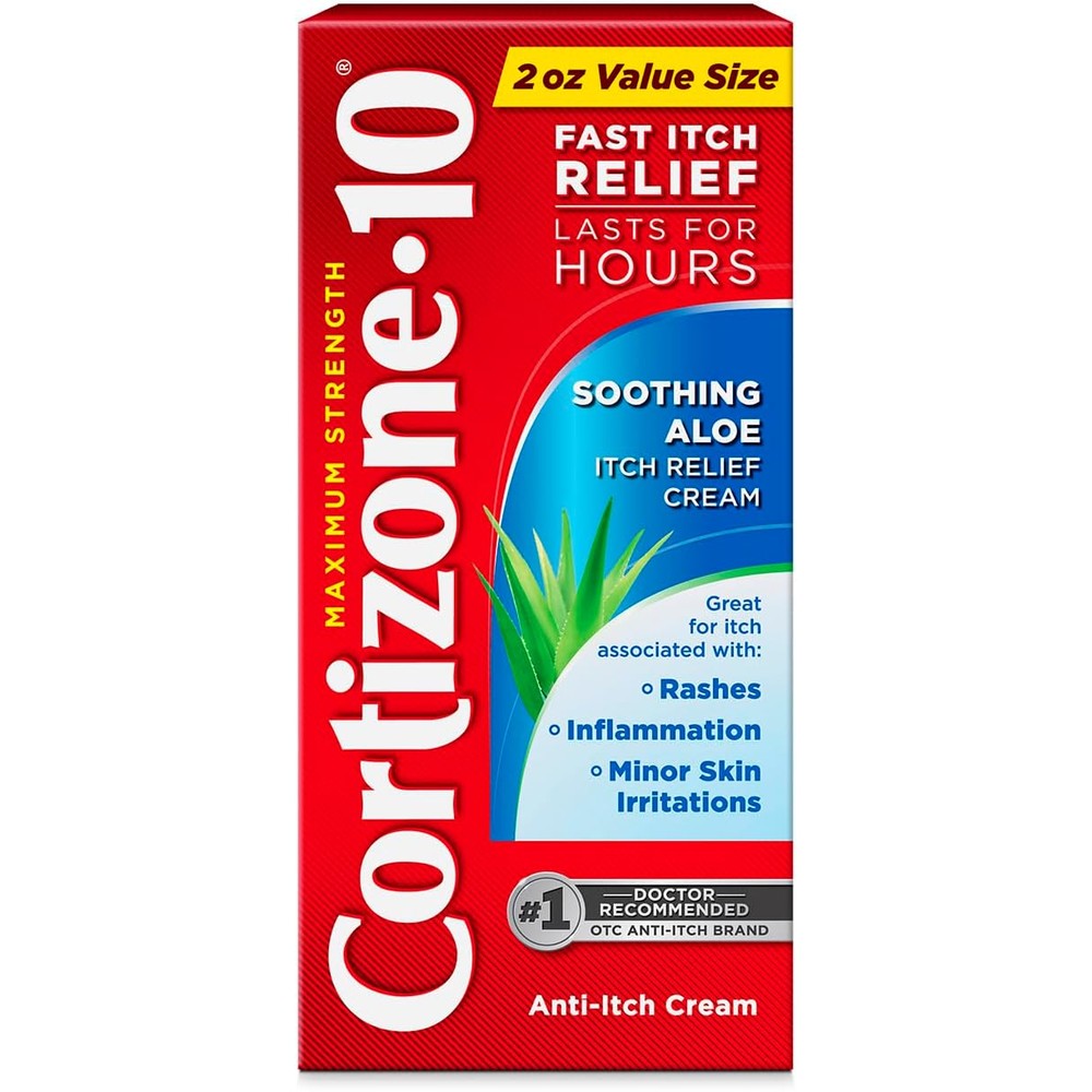 Cortizone-10 Maximum Strength Soothing Aloe Itch Relief Cream front view of 2 ounce tube.
