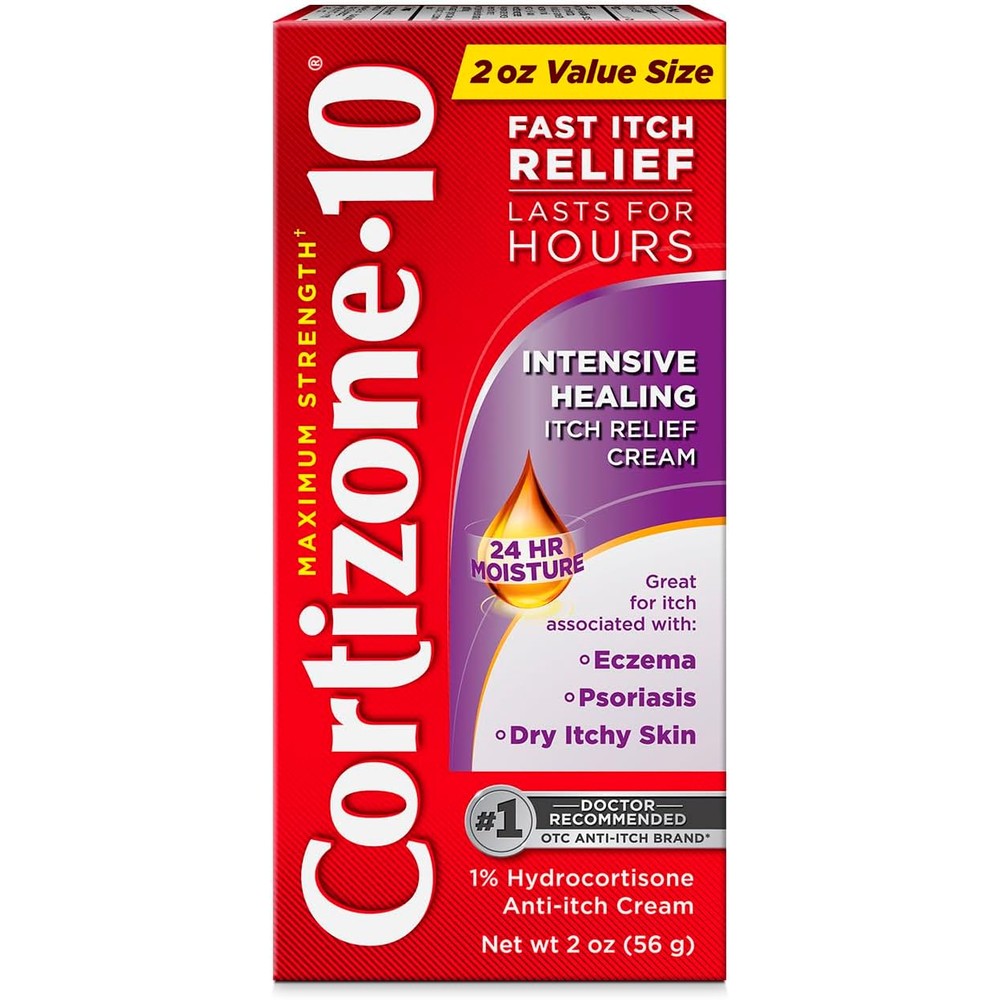 Cortizone-10 Maximum Strength Intensive Healing Itch Relief Cream front packaging view showing one percent hydrocortisone benefit