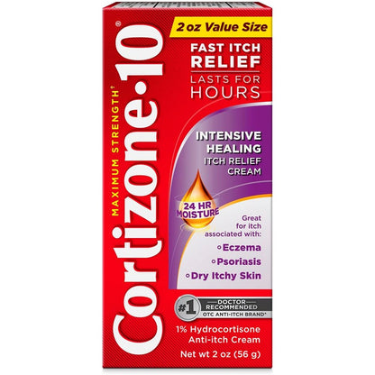 Cortizone-10 Maximum Strength Intensive Healing Itch Relief Cream front packaging view showing one percent hydrocortisone benefit